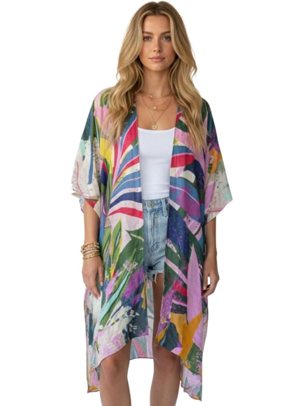 Women Rz Multicolor Wave Viscose Summer Lightweight Boho Kimono Cardigan Coverup